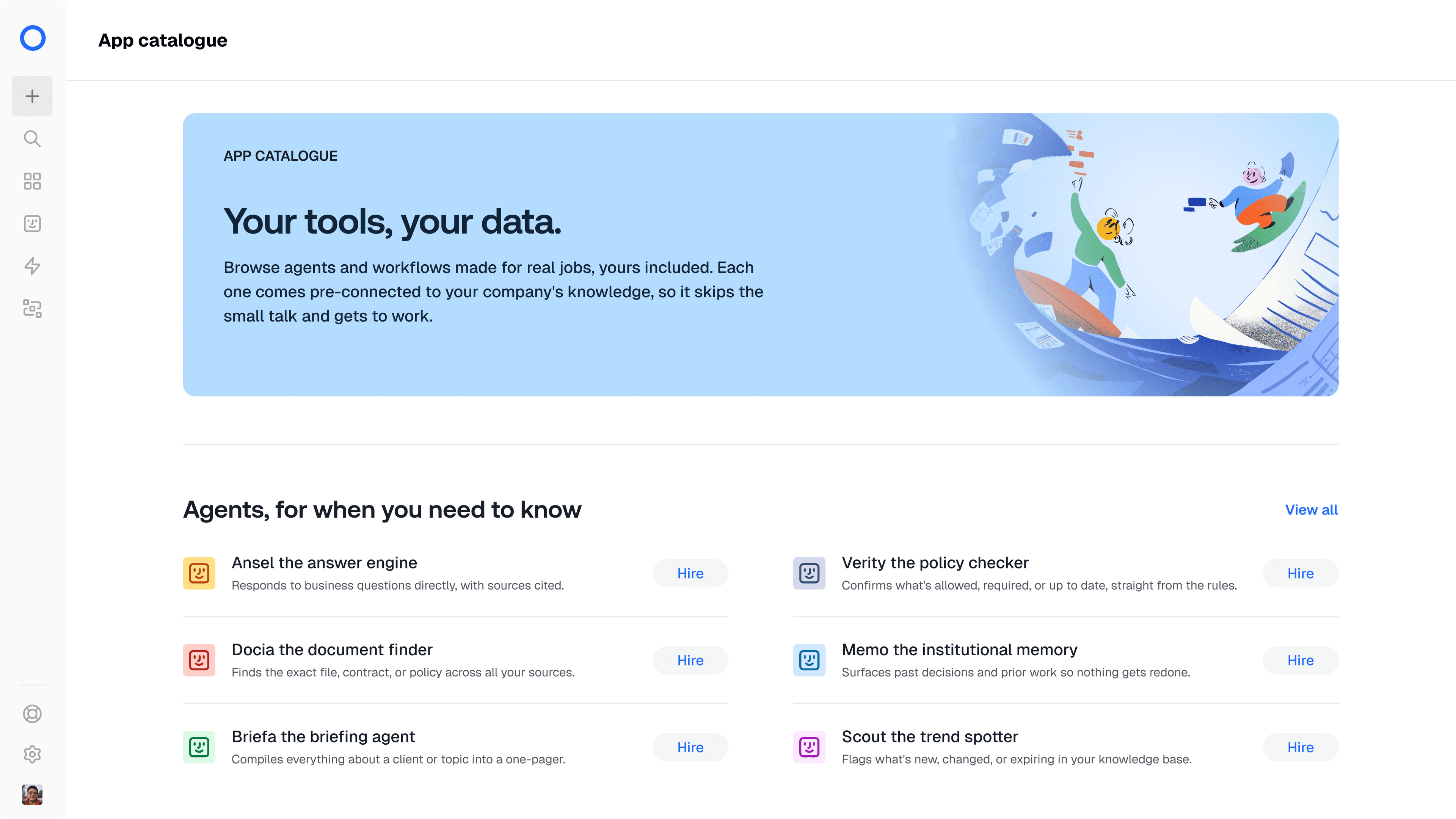 The LightOn Apps catalogue: agents and workflows ready to hire, each pre-connected to your company's knowledge