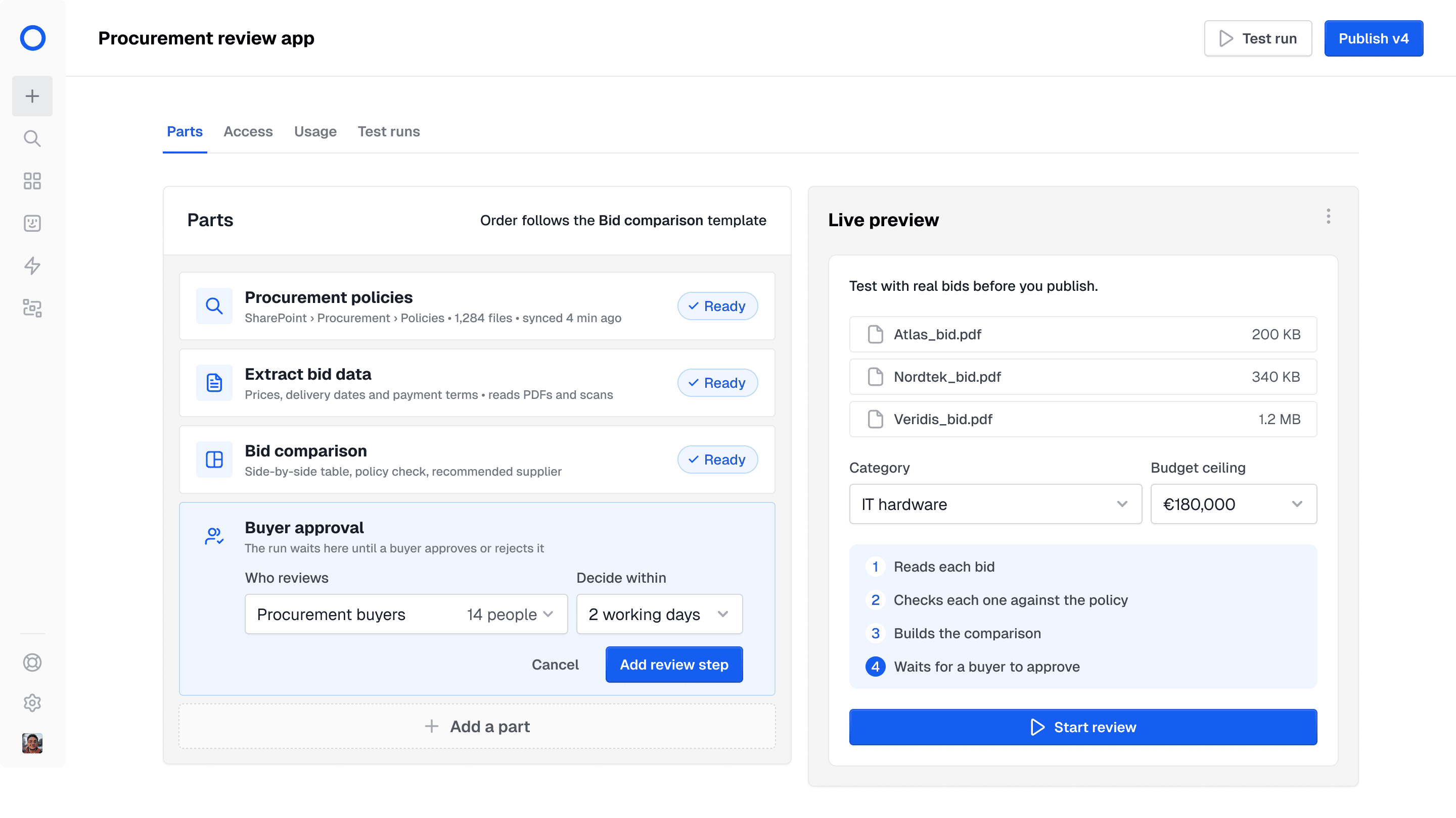 LightOn Apps editor: a procurement review app assembled from a policy search, bid extraction, a bid comparison template and a buyer approval step, with a live preview